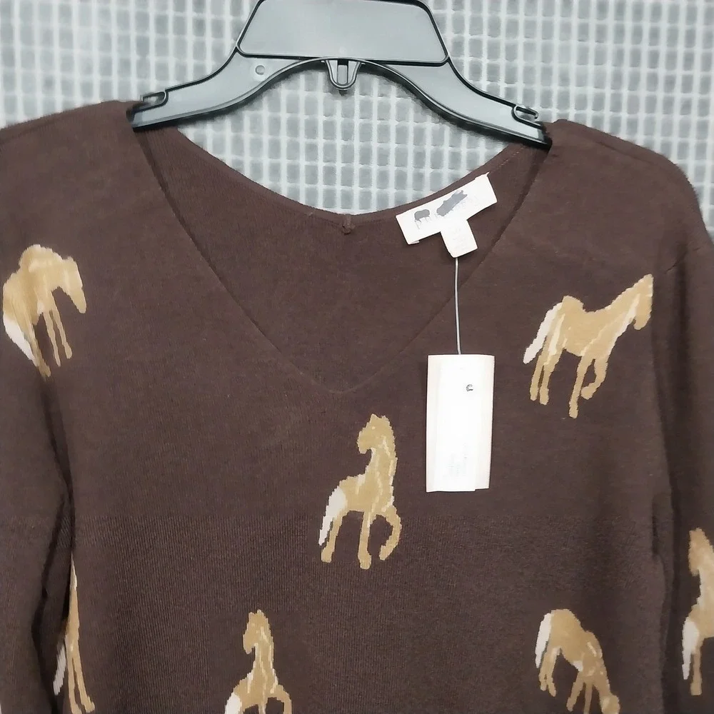 Philosophy Sweater Horse Intarsia Women V-Neck Knit Large Brown